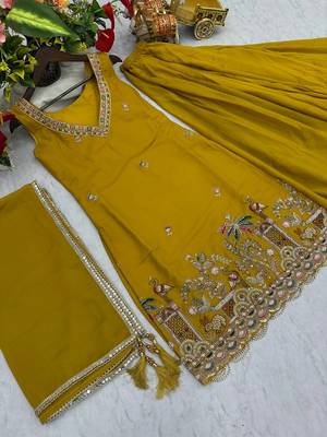 mustard pure star georgette kurta set with bead embroidery 4
