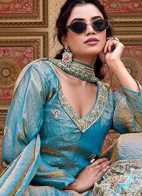 teal fendi silk long choli lehenga with sequins bead work 2