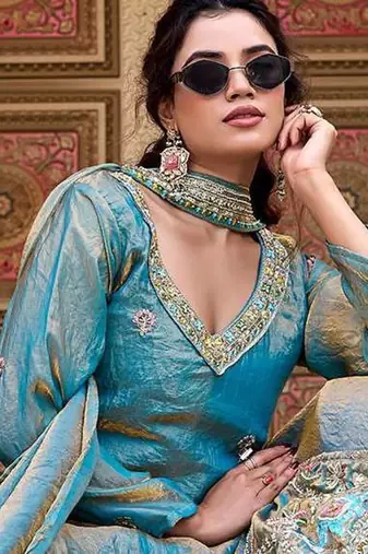 teal fendi silk long choli lehenga with sequins bead work