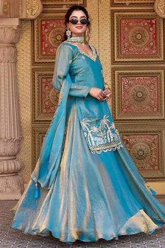 teal fendi silk long choli lehenga with sequins bead work