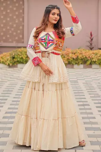Womens new stylish  heavy gamthi work with mirror lace work gown set