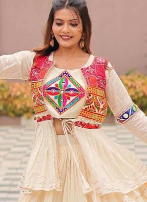 heavy gamthi work with mirror lace work cream lehenga set with jacket 2