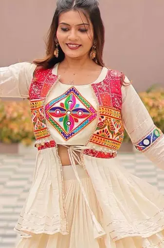 heavy gamthi work with mirror lace work cream lehenga set with jacket