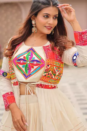 heavy gamthi work with mirror lace work cream lehenga set with jacket