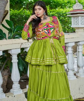 olive green gamthi embroidered cotton lehenga set 1