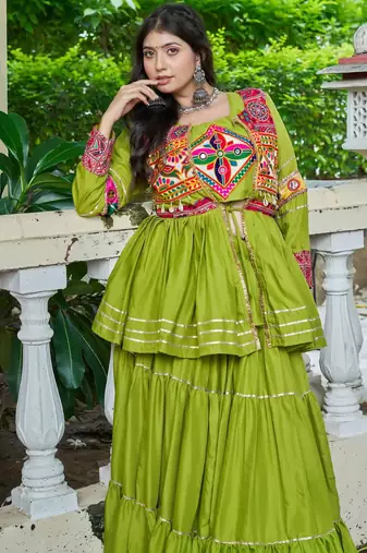 Womens new stylish  heavy gamthi work with mirror lace work gown set