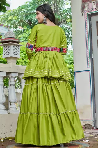 olive green gamthi embroidered cotton lehenga set