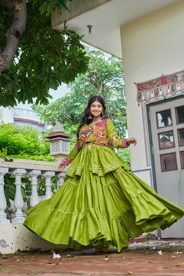 olive green gamthi embroidered cotton lehenga set 3