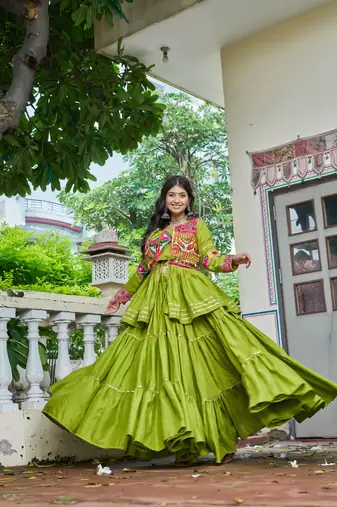 olive green gamthi embroidered cotton lehenga set