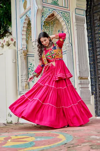 fuchsia pink gamthi work cotton lehenga choli set