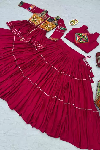 fuchsia pink gamthi work cotton lehenga choli set