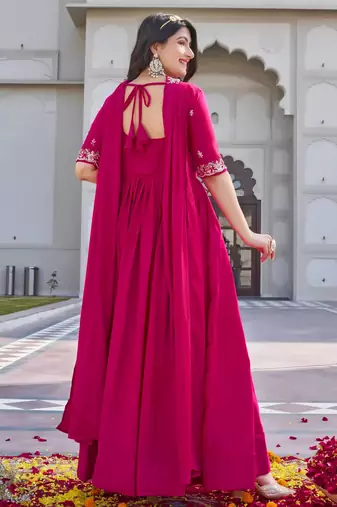fuchsia pink cording sequin embroidered crepe silk anarkali set