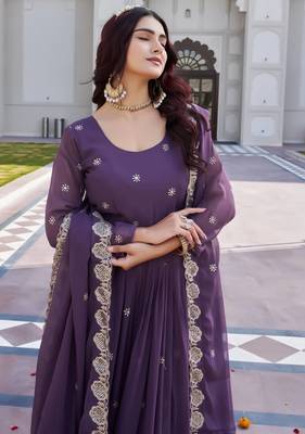 mauve purple sequin embroidered georgette anarkali set 1