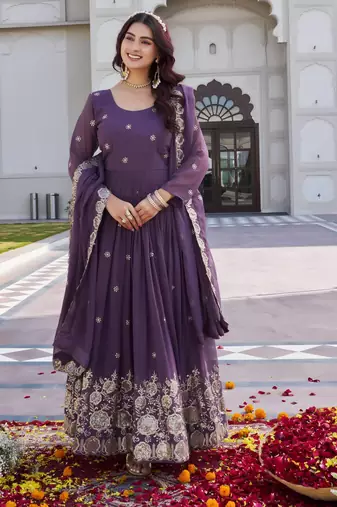 mauve purple sequin embroidered georgette anarkali set