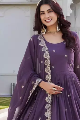 mauve purple sequin embroidered georgette anarkali set