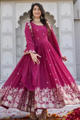 magenta sequin embroidered georgette anarkali gown set