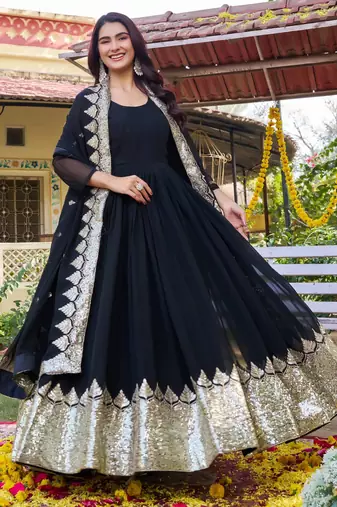 black sequin embroidered georgette anarkali gown set