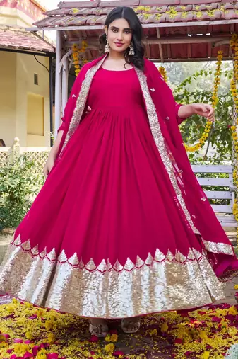 rani pink sequin embroidered georgette anarkali set