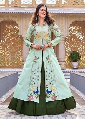 mint green thread embroidered satin silk lehenga set 1