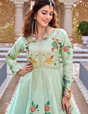 mint green thread embroidered satin silk lehenga set 2