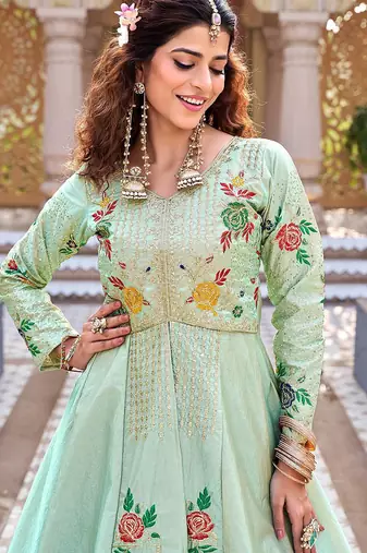 mint green thread embroidered satin silk lehenga set