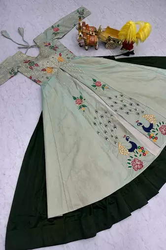mint green thread embroidered satin silk lehenga set