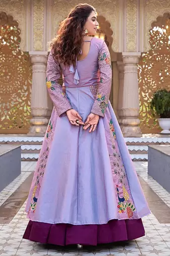 lavender thread embroidered satin silk lehenga set