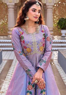 lavender thread embroidered satin silk lehenga set 3