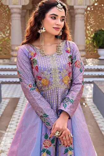 lavender thread embroidered satin silk lehenga set