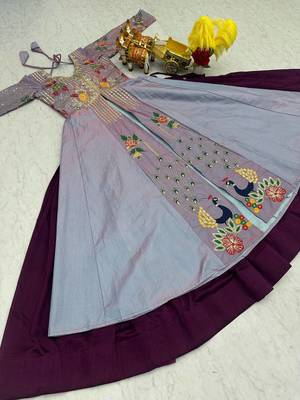 lavender thread embroidered satin silk lehenga set 4