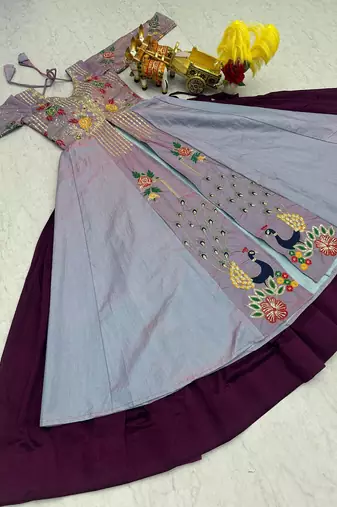 lavender thread embroidered satin silk lehenga set