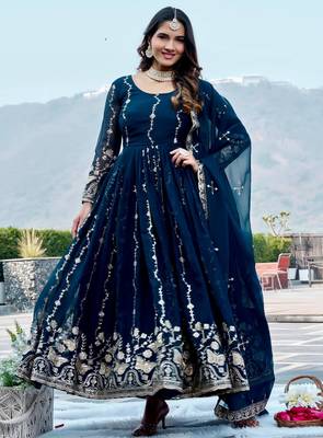 navy blue sequin embroidered georgette anarkali gown set 1
