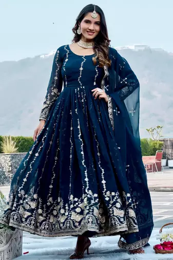 Womens new trendy heavy cording sequence & beads embroidery work gown set