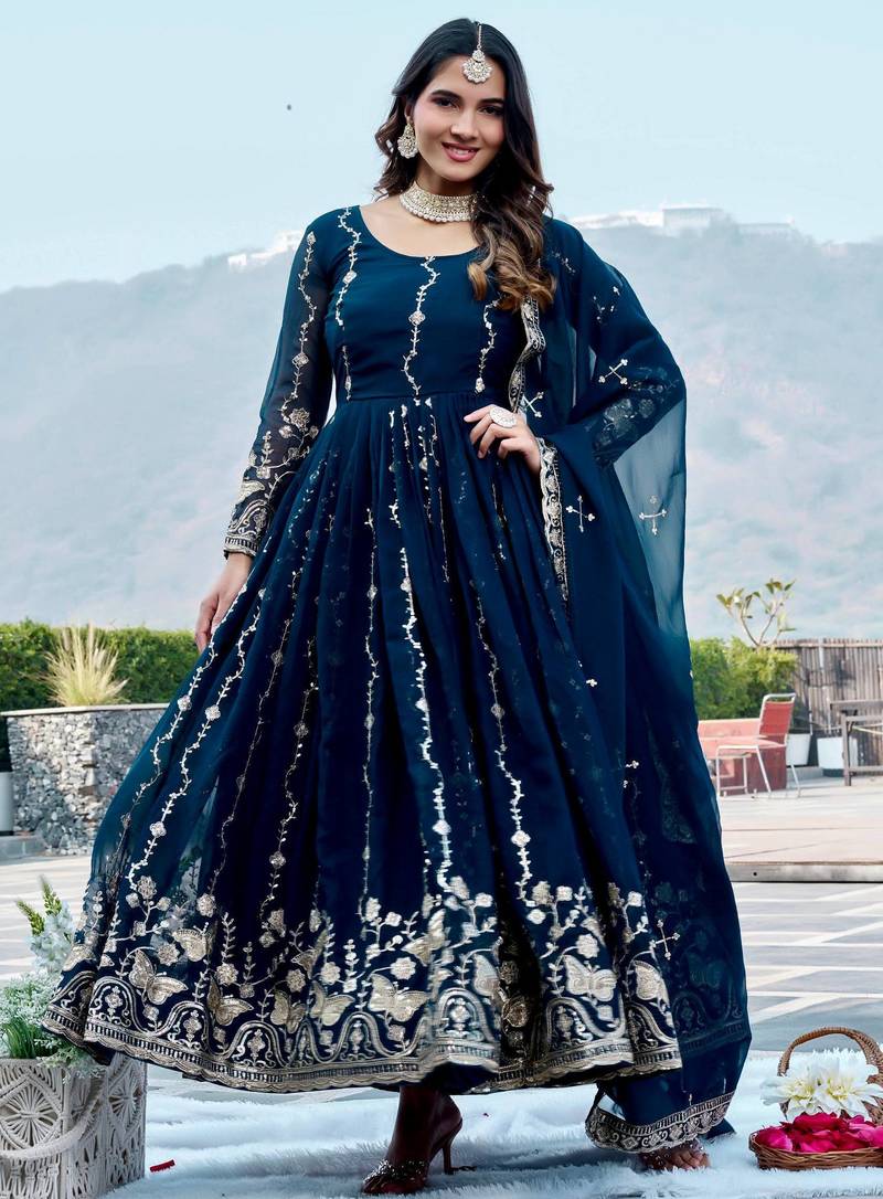 Womens new trendy heavy cording sequence & beads embroidery work gown set