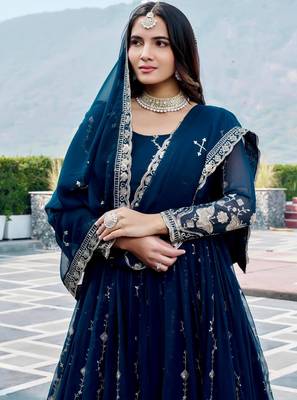 navy blue sequin embroidered georgette anarkali gown set 2