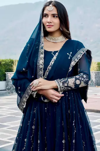 navy blue sequin embroidered georgette anarkali gown set