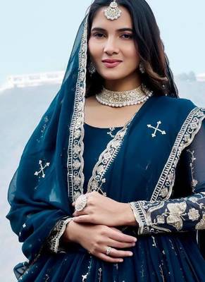 navy blue sequin embroidered georgette anarkali gown set 3