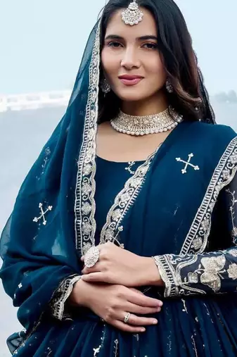 navy blue sequin embroidered georgette anarkali gown set