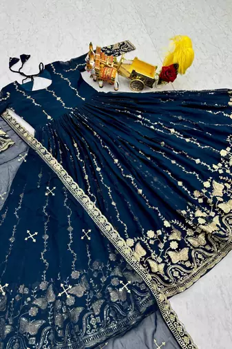 navy blue sequin embroidered georgette anarkali gown set