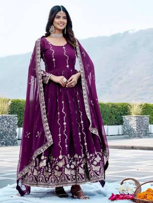 wine purple sequin embroidered georgette anarkali gown set 1