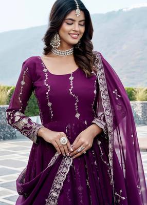 wine purple sequin embroidered georgette anarkali gown set 2