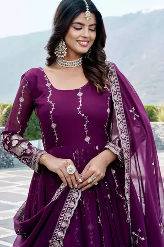 wine purple sequin embroidered georgette anarkali gown set