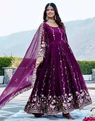 wine purple sequin embroidered georgette anarkali gown set 3