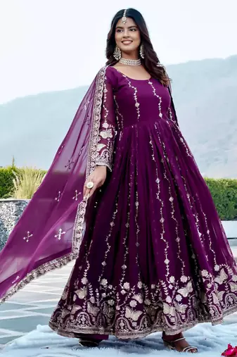 wine purple sequin embroidered georgette anarkali gown set