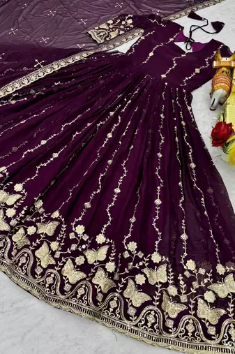 wine purple sequin embroidered georgette anarkali gown set