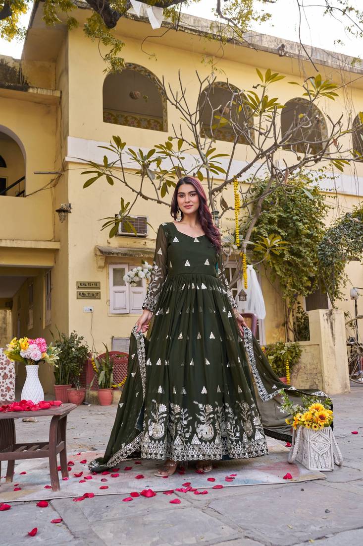 Womens casual party wear heavy 7mm sequence embroidery work gown set