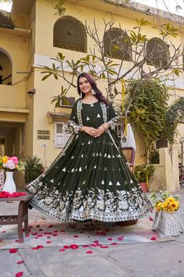 olive green sequin embroidered georgette anarkali set 2