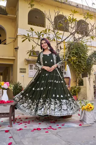 olive green sequin embroidered georgette anarkali set