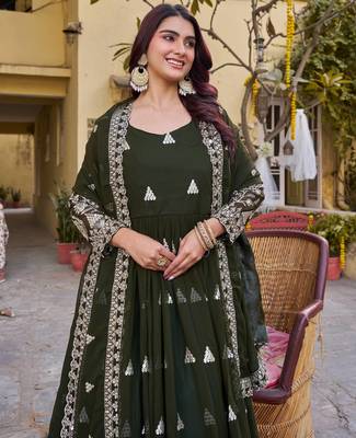 olive green sequin embroidered georgette anarkali set 3