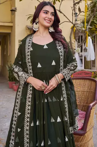 olive green sequin embroidered georgette anarkali set